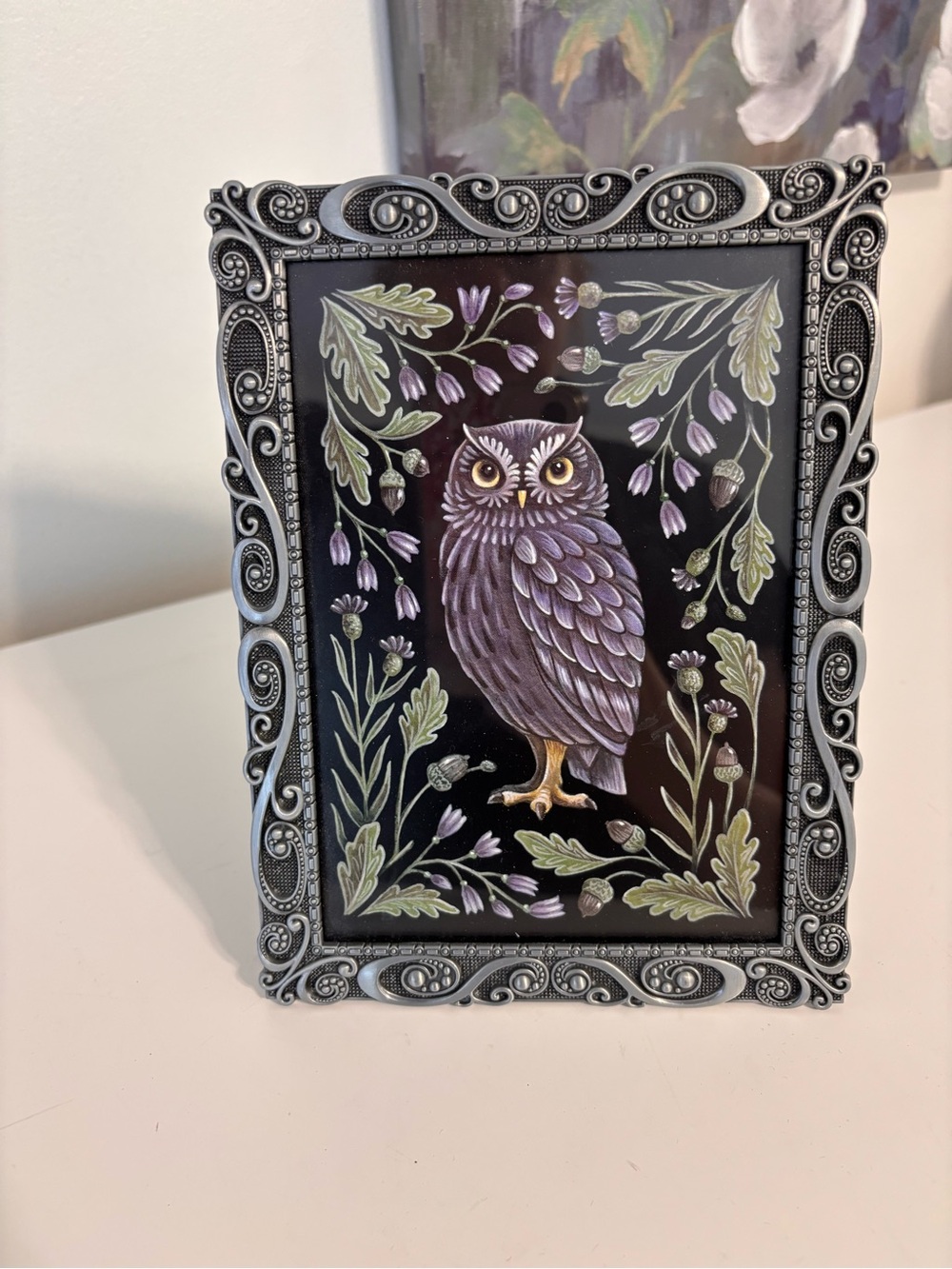 Table top frame gunmetal gray silver 5x7 photo owl picture